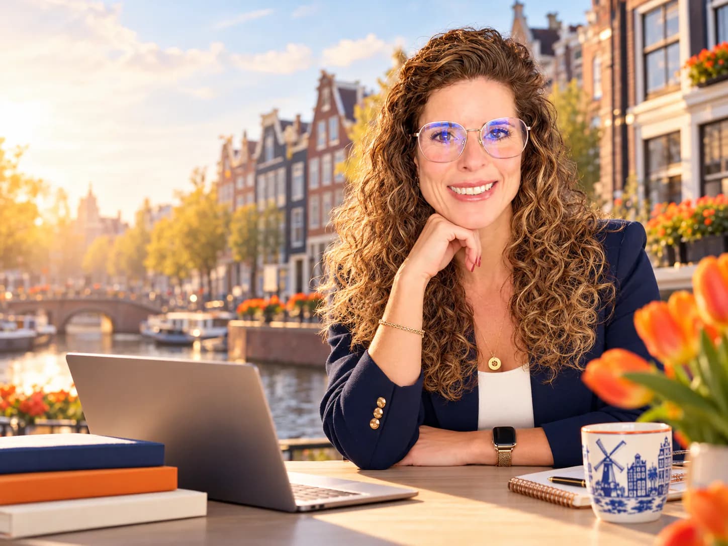 Patricia Pereira sorrindo à mesa, com um canal de Amsterdã ao fundo